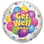 Round foil balloon with colorful balloons and the words Get Well Soon