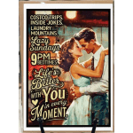 Framed vintage-style poster with a couple embracing and large text.