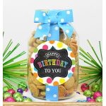 Birthday gift jar with a blue bow and colorful label