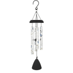 Hanging wind chime with floral-patterned tubes and a black clapper