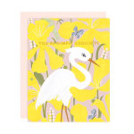 Greeting card with a white bird among yellow flowers