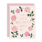 Pink floral greeting card with gold text