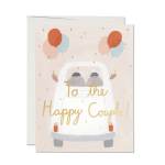 Greeting card with balloons and a couple in a car