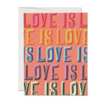Greeting card with repeated "LOVE IS" text in colorful block letters