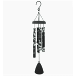 Black hanging wind chime with printed tubes and a bell-shaped clapper