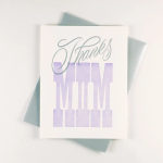 Thank you card with lavender "MOM" lettering on a white background