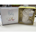 Gift box with a plush bunny and a baby blessing card