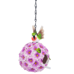 Hanging birdhouse covered in purple flowers with a small bird on top