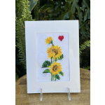 Greeting card with embroidered sunflowers and a red heart