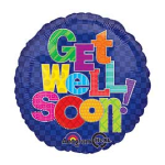 Round blue balloon with colorful "Get Well Soon!" text