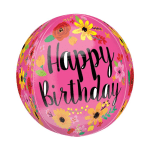 Pink birthday balloon with floral decorations and "Happy Birthday" text