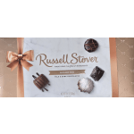 Box of assorted Russell Stover milk and dark chocolates with a ribbon graphic