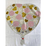 Heart-shaped foil balloon with pink rose and gold heart patterns
