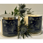 Two scented candles with floral labels and spiky thistle stems behind them.