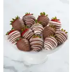 Chocolate-covered strawberries arranged on a white pedestal stand