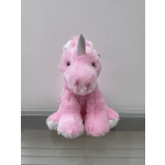 Pink plush unicorn toy with a silver horn