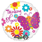 Round balloon with a butterfly and flowers, reading "Thinking of You"