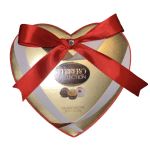 Heart-shaped box of assorted chocolates with a red ribbon