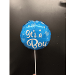 Blue foil balloon reading "It's a Boy" on a stick