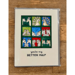 Greeting card with illustrated animal tiles and the text 'you're my BETTER HALF'