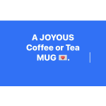Blue graphic with text advertising a coffee or tea mug