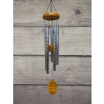 Hanging silver wind chime with a wooden top and yellow accent pieces