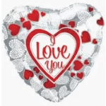 Heart-shaped balloon with red hearts and "Love You" text