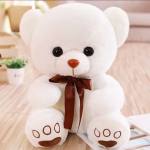 White teddy bear with a brown ribbon bow sitting on a floor