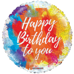 Round multicolor birthday balloon with white text