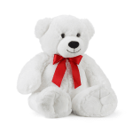 White teddy bear with a red ribbon bow
