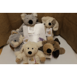 Assorted plush warmies animals with product tags in a display box.