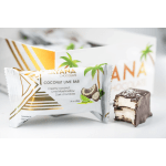 Wrapped coconut lime chocolate bar with a bitten piece beside it