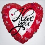 Heart-shaped red balloon with "I love you" text and small hearts