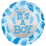 Blue baby shower balloon with "It's A Boy" text and footprints