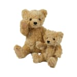 Two tan teddy bears sitting together on a white background