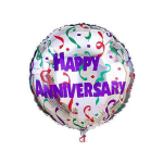 Round foil balloon reading Happy Anniversary with confetti graphics