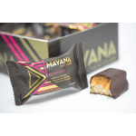 Wrapped chocolate bar with a bitten piece beside it