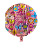 Round pink foil balloon with flowers and butterflies and "Feliz Dia de las Madres" text