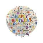 Round birthday balloon with colorful confetti text and stars