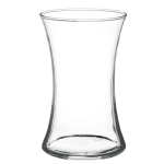 Clear glass hourglass vase on a white background