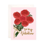 Pink Valentine card with a bouquet of red roses and gold lettering