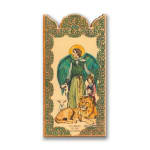 Religious plaque with angel, two children, lamb, and lion framed by an ornate green and gold border.