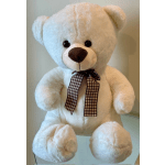 White teddy bear with a plaid ribbon bow