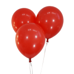 Three red balloons on white strings against a white background
