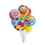 Cluster of colorful birthday balloons with printed messages