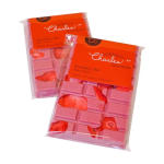 Two packaged pink strawberry chocolate bars with red labels.