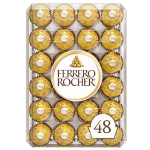 Box of 48 Ferrero Rocher chocolates in clear rectangular packaging