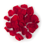 Pile of red rose petals on a white background