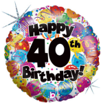 Round balloon reading Happy 40th Birthday with colorful confetti design