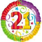Rainbow foil balloon with the number 21 and confetti stars